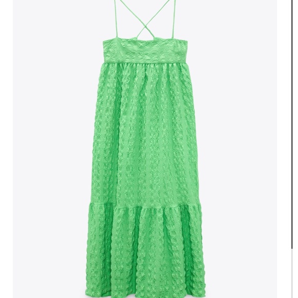 Zara oversized green textured tiered midi sun dress NWT - Picture 2 of 12